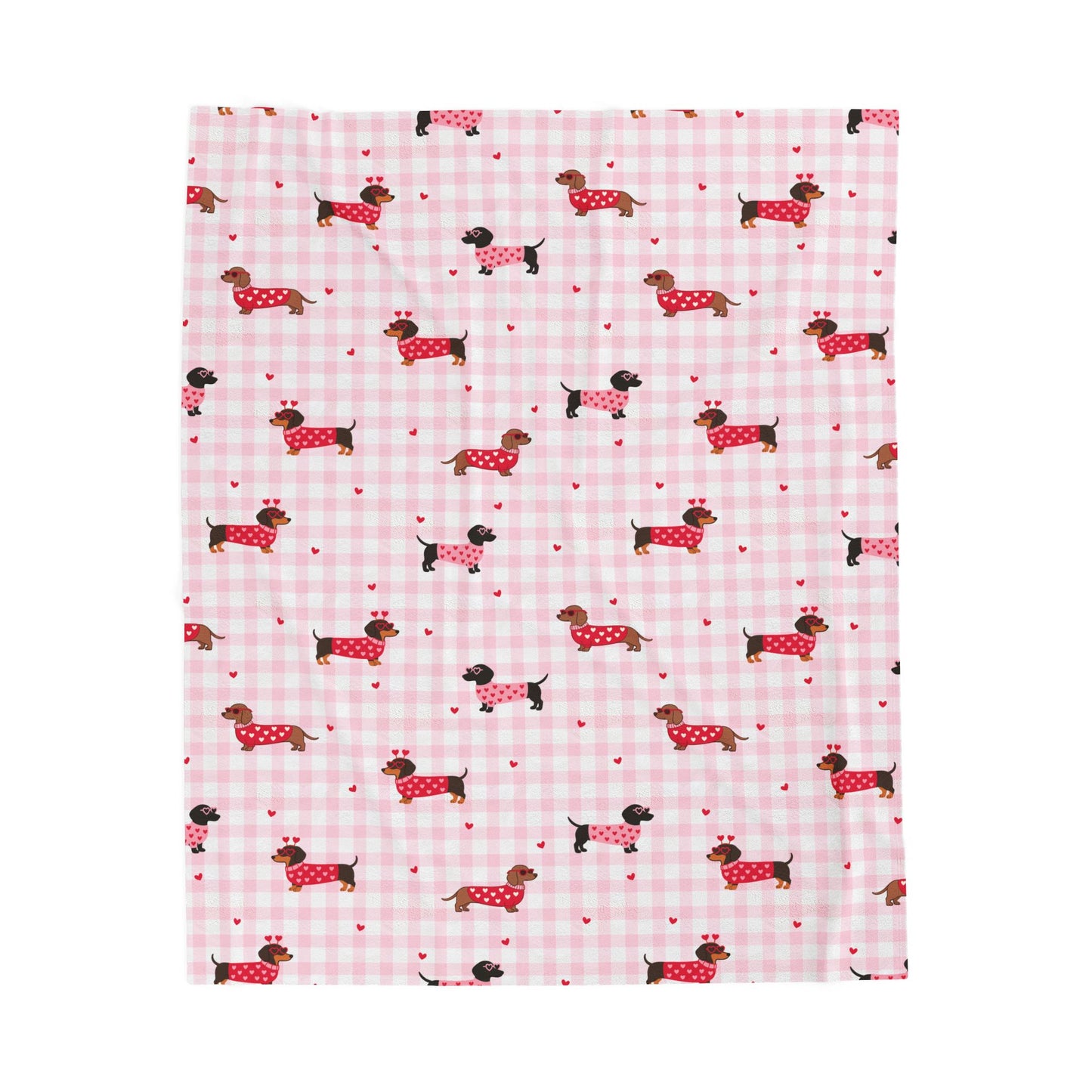 Pink Gingham Dachshund Velveteen Blanket