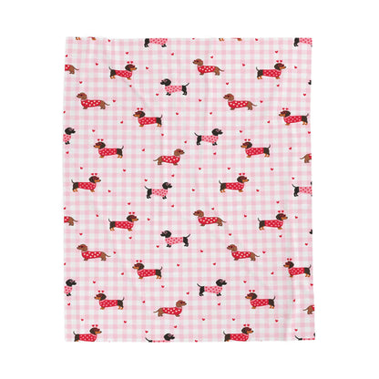 Pink Gingham Dachshund Velveteen Blanket