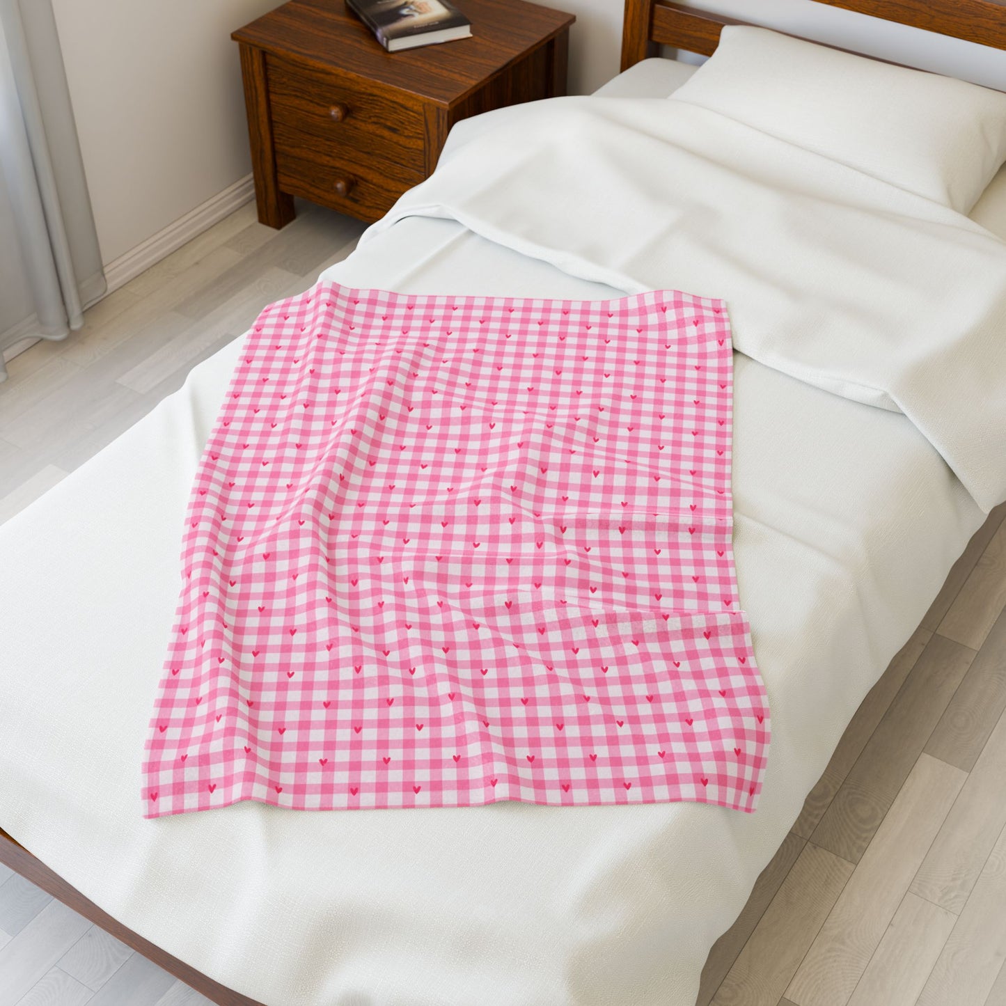 Pink Gingham Heart Velveteen Blanket