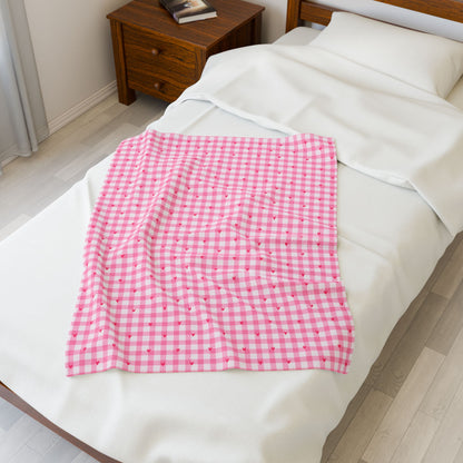 Pink Gingham Heart Velveteen Blanket