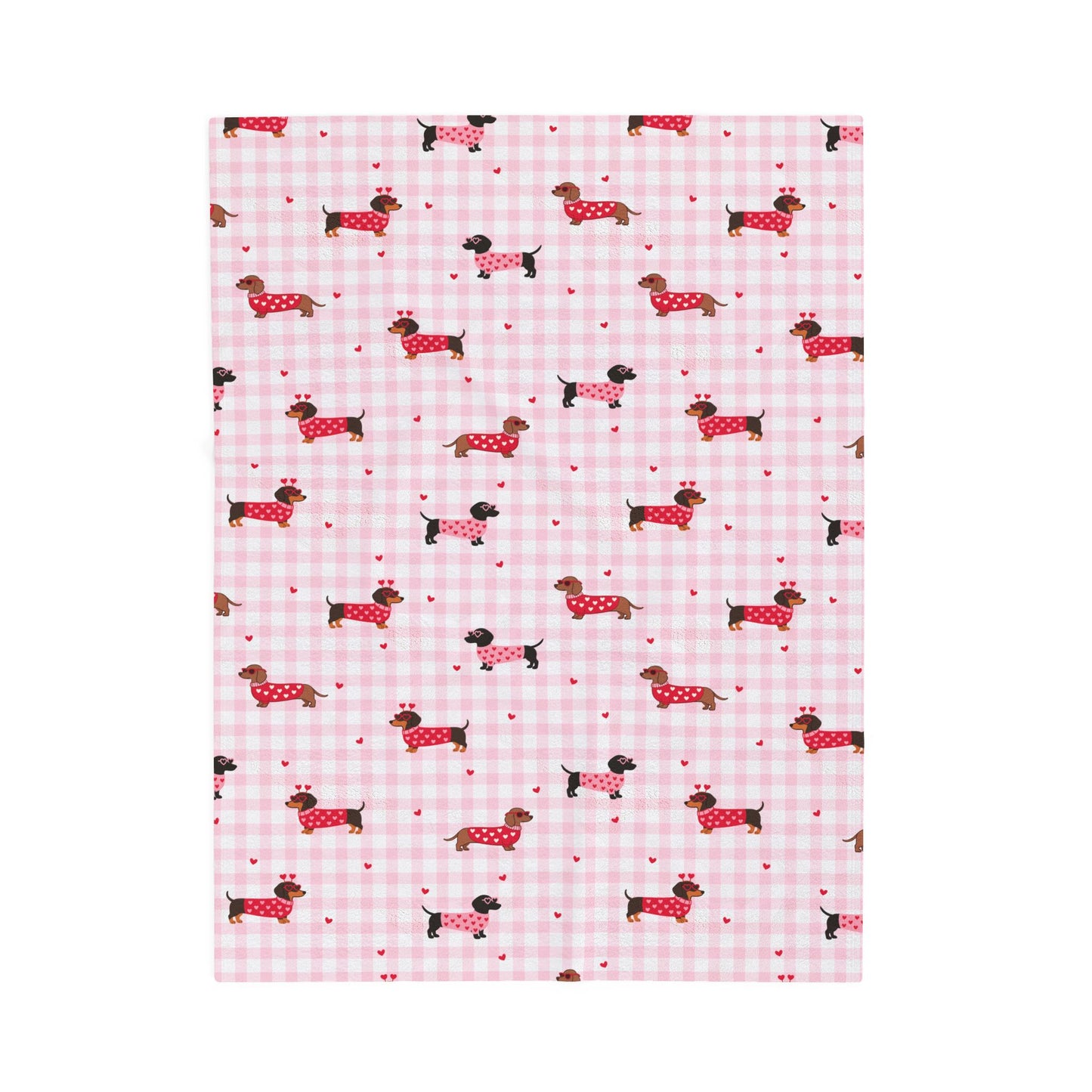 Pink Gingham Dachshund Velveteen Blanket