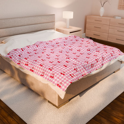 Cherry Gingham Velveteen Blanket — Soft, Playful Cozy Layer