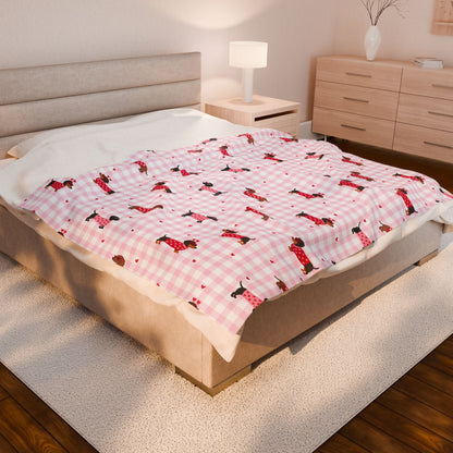 Pink Gingham Dachshund Velveteen Blanket