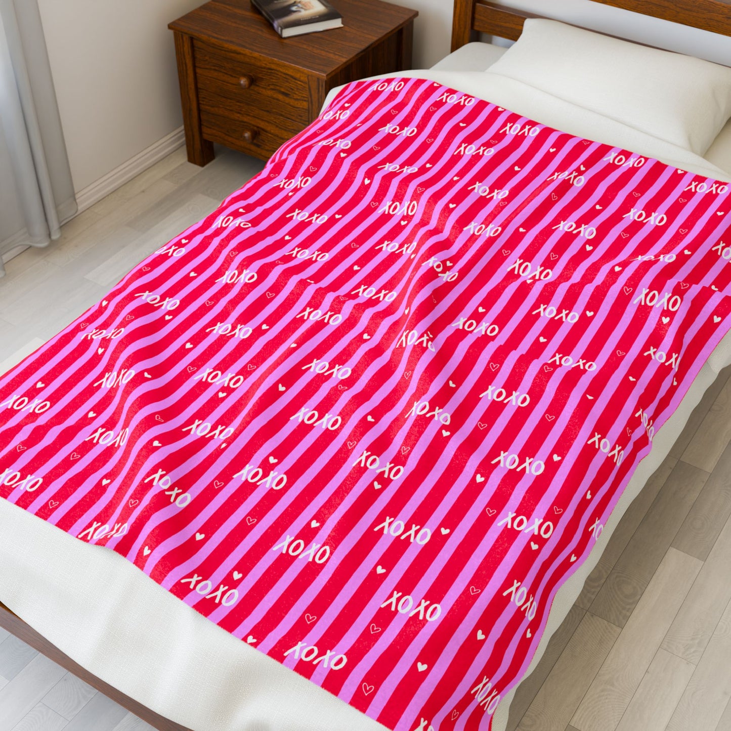 "XOXO" Pink Stripe Velveteen Throw — Valentine Edition
