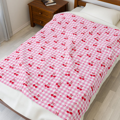 Cherry Gingham Velveteen Blanket — Soft, Playful Cozy Layer