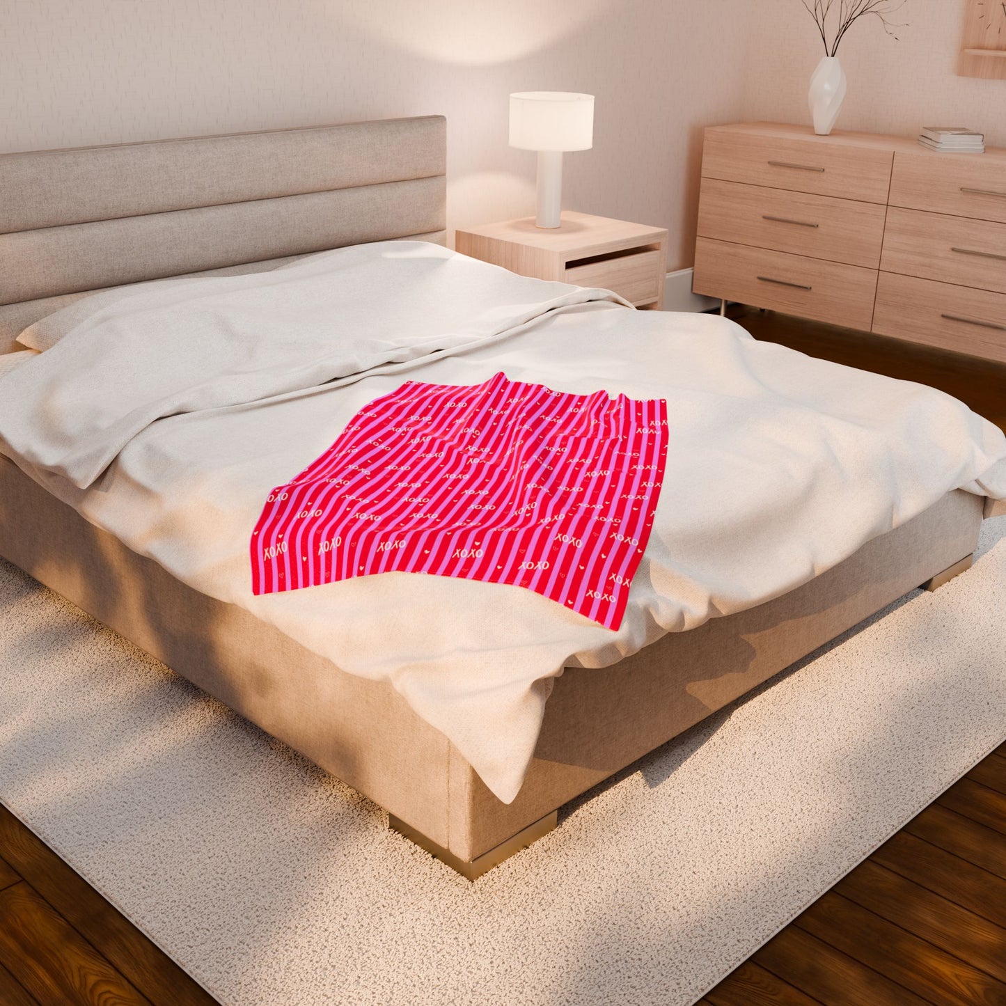 "XOXO" Pink Stripe Velveteen Throw — Valentine Edition