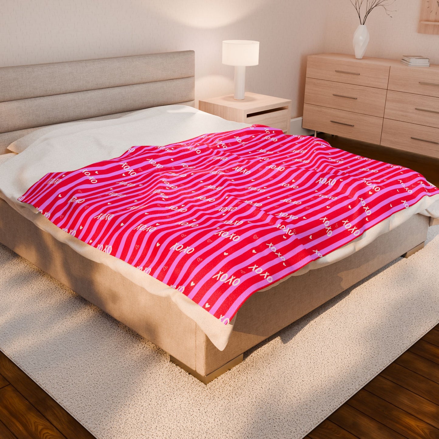 "XOXO" Pink Stripe Velveteen Throw — Valentine Edition