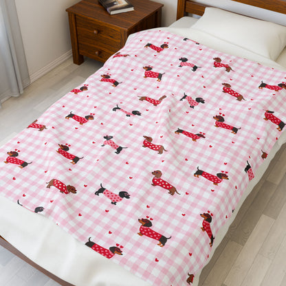 Pink Gingham Dachshund Velveteen Blanket