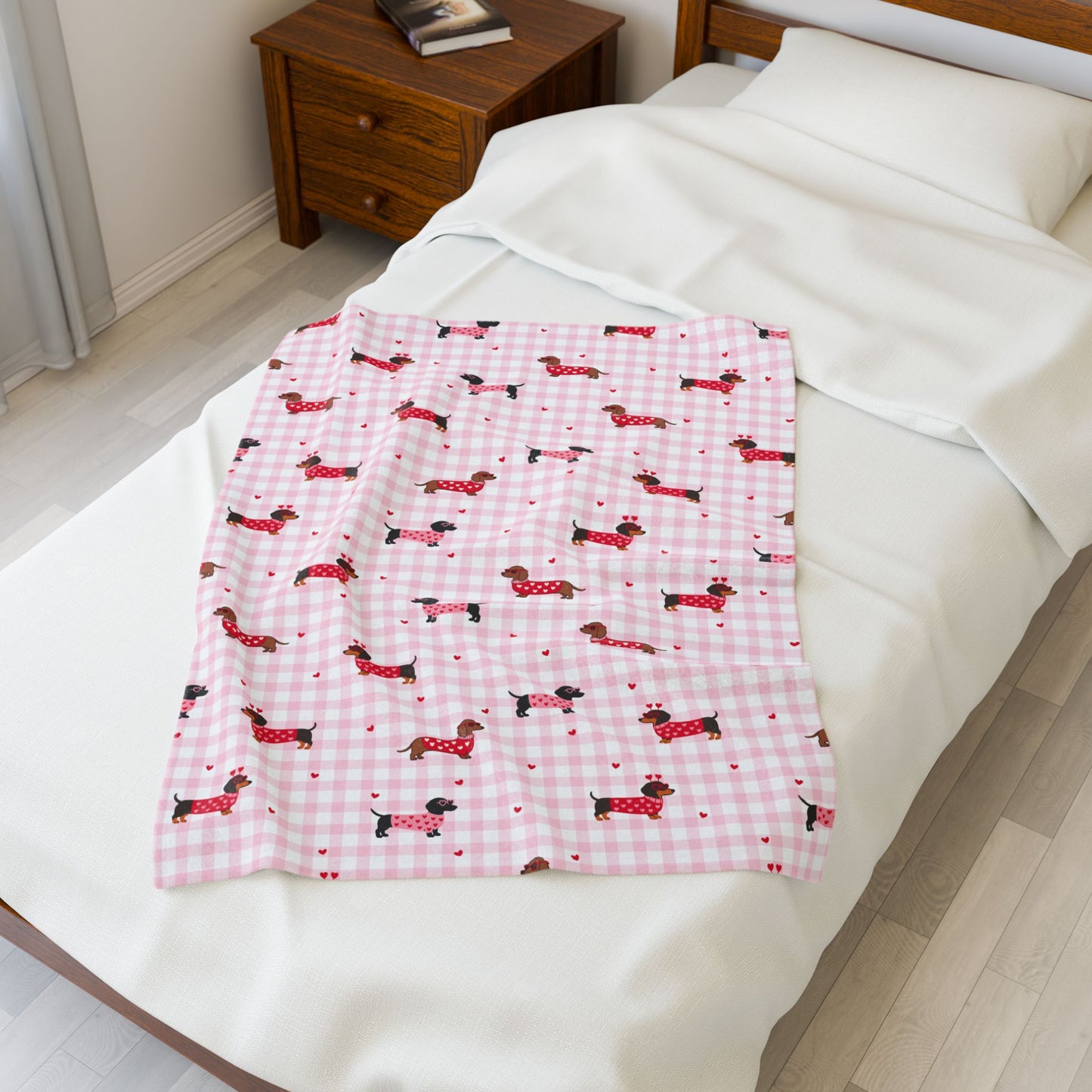 Pink Gingham Dachshund Velveteen Blanket