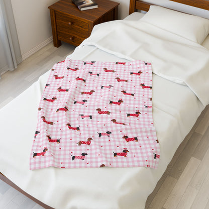 Pink Gingham Dachshund Velveteen Blanket