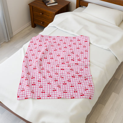 Cherry Gingham Velveteen Blanket — Soft, Playful Cozy Layer