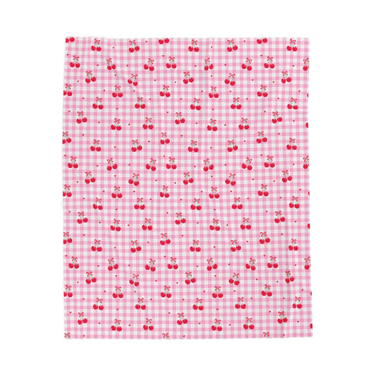 Cherry Gingham Velveteen Blanket — Soft, Playful Cozy Layer