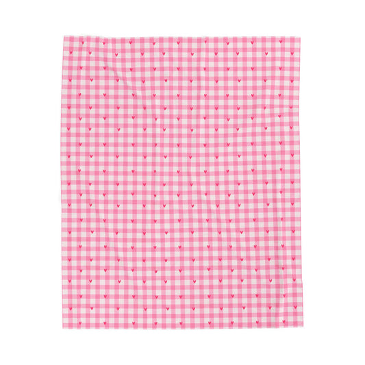 Pink Gingham Heart Velveteen Blanket