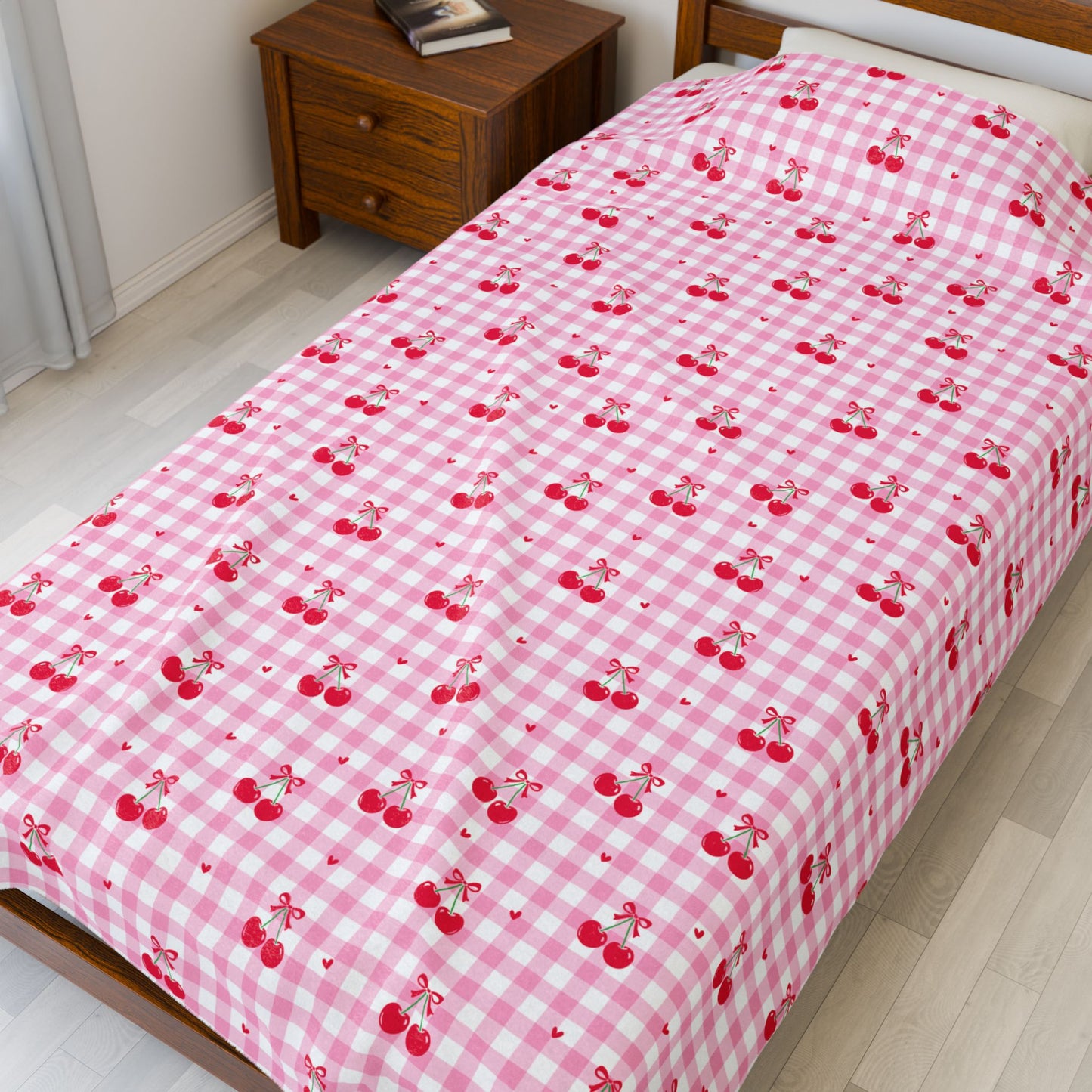 Cherry Gingham Velveteen Blanket — Soft, Playful Cozy Layer
