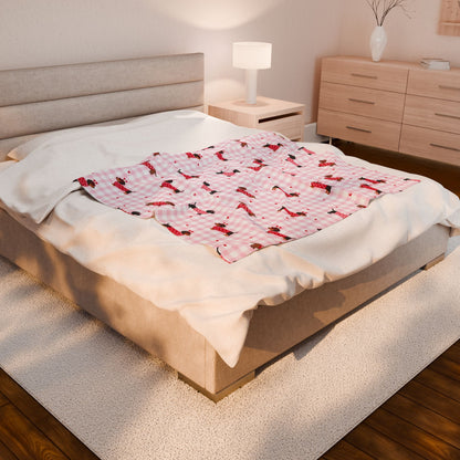 Pink Gingham Dachshund Velveteen Blanket