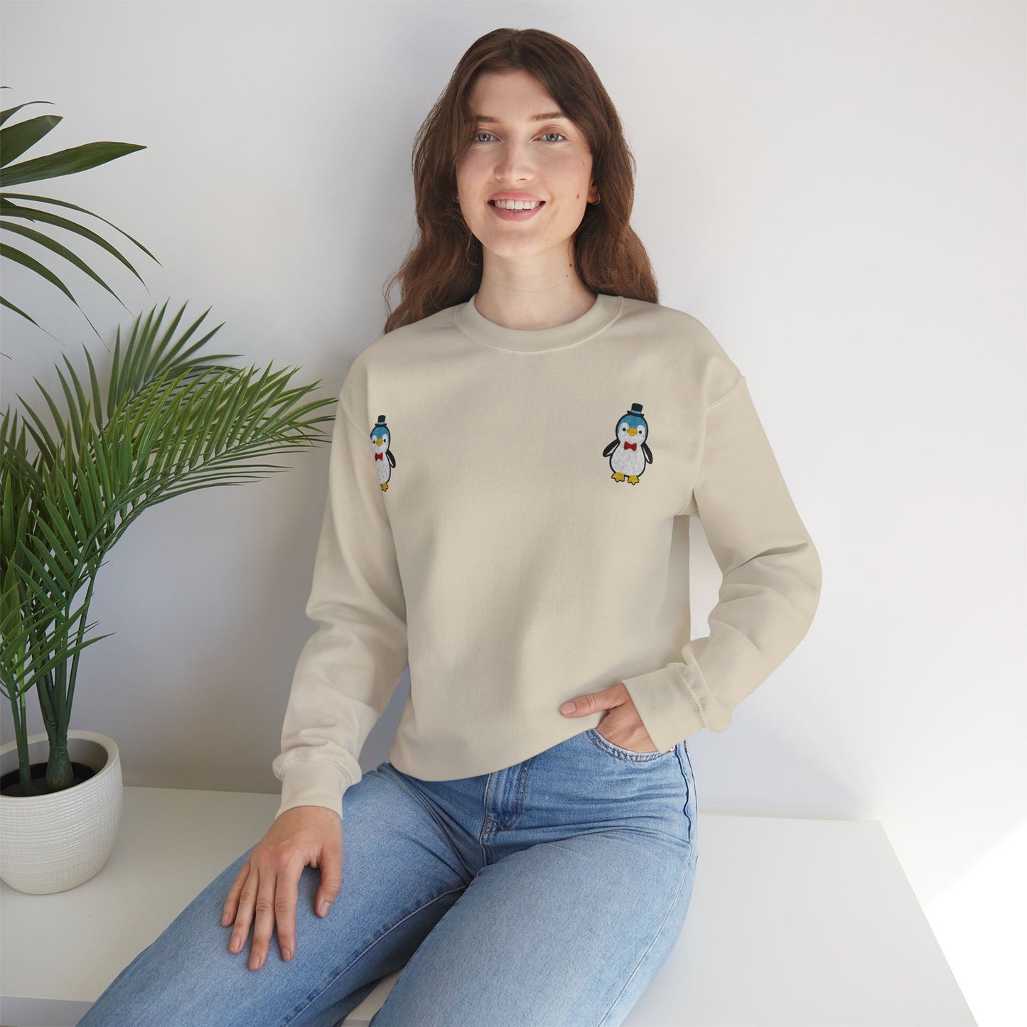 Embroidered Penguin Sweatshirt with Sleeve Lettering