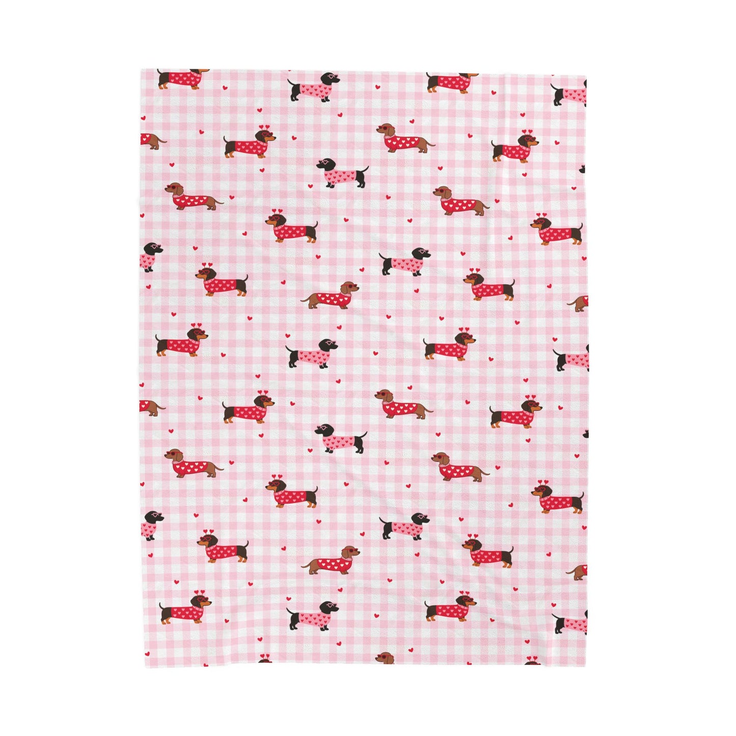 Pink Gingham Dachshund Velveteen Blanket
