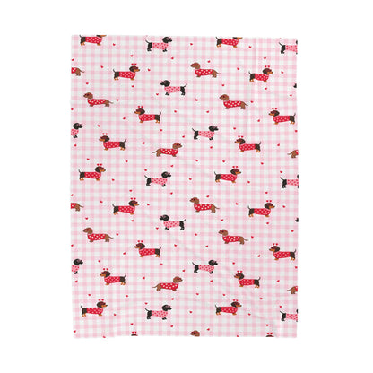 Pink Gingham Dachshund Velveteen Blanket