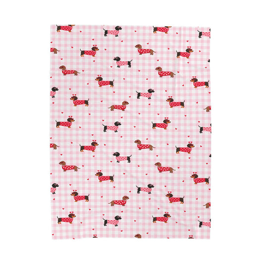 Pink Gingham Dachshund Velveteen Blanket