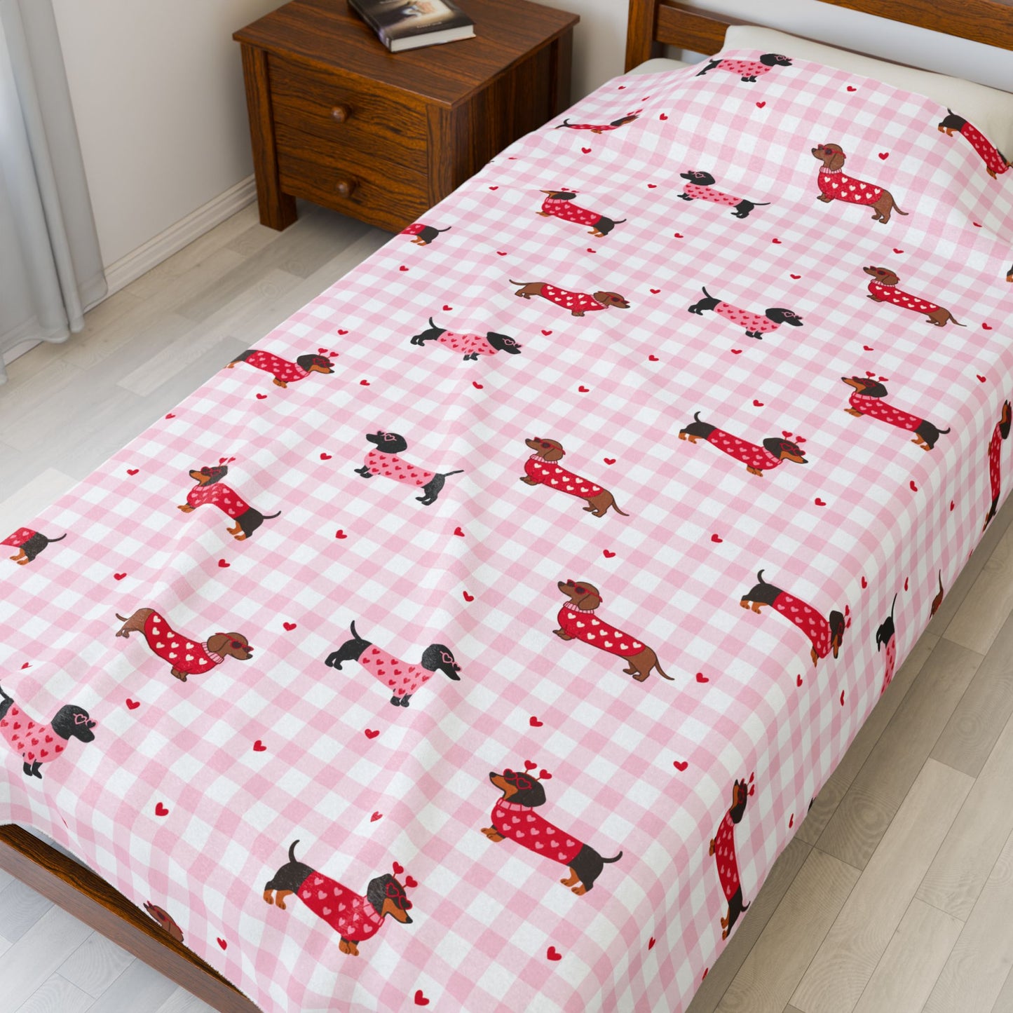 Pink Gingham Dachshund Velveteen Blanket